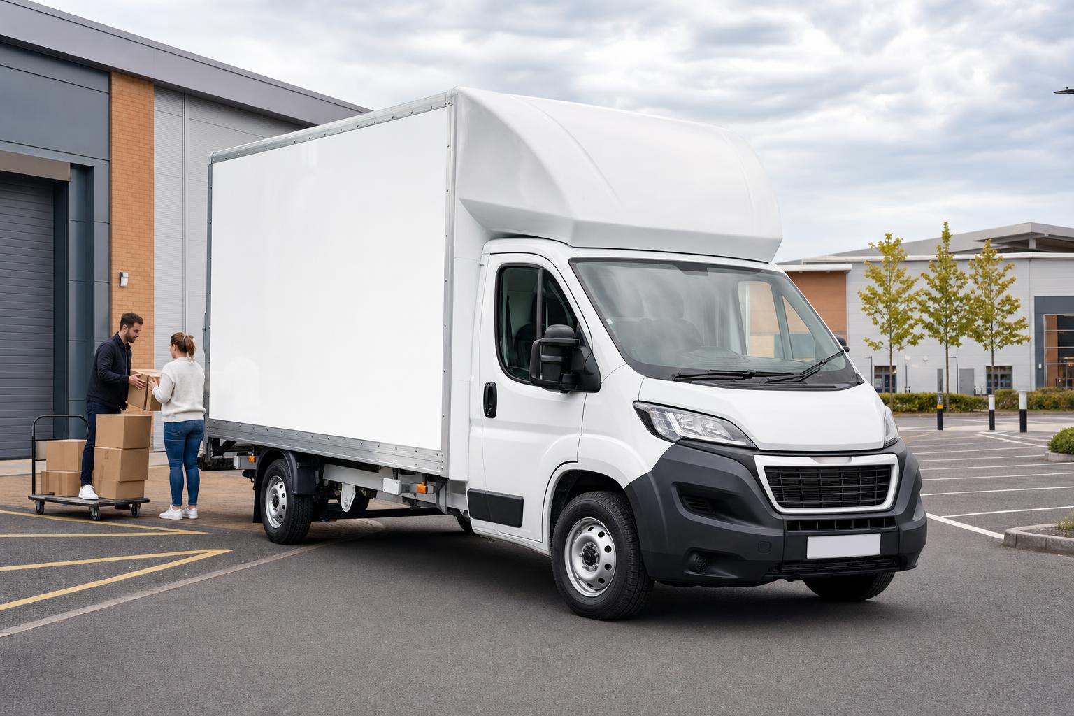 White Luton hire van in a tidy Castleford retail park loading area with people preparing boxes for a move